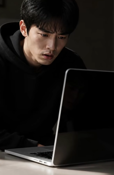 어두운 방에서 노트북 화면을 걱정스럽게 들여다보는 남성
