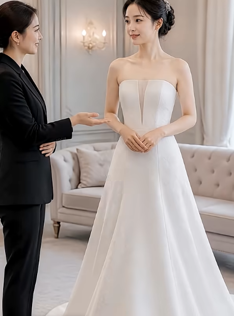웨딩드레스 가봉을 받고 있는 신부와 대여업체 실장